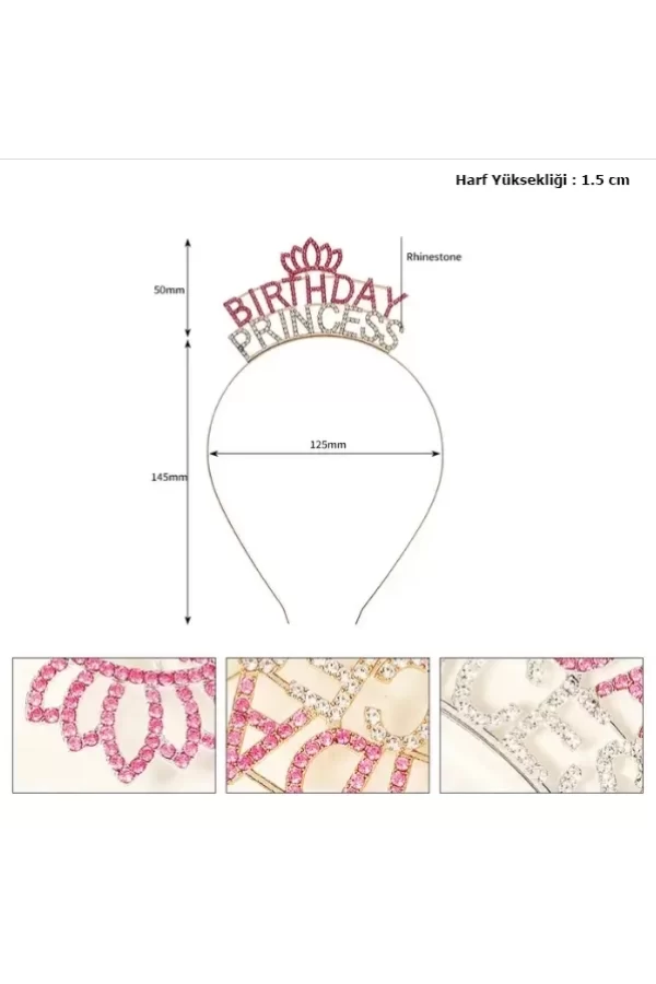 Kristal Taşlı Pembe Birthday Princess Yazılı Parti Tacı 19x11 Cm