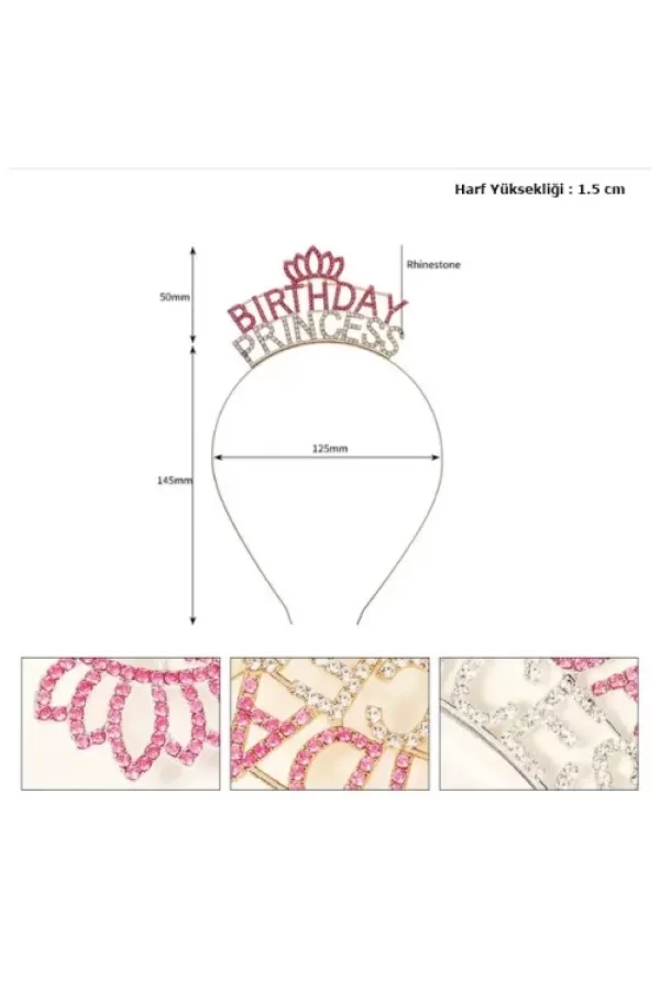 Kristal Taşlı Pembe Birthday Princess Yazılı Parti Tacı 19x11 cm