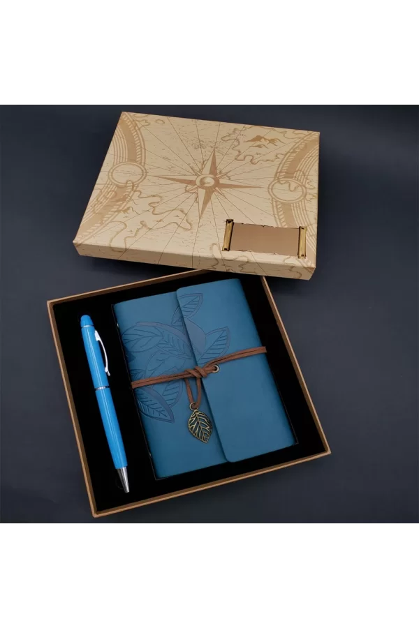 Kutulu Yaprak Desenli Mavi Deri Defter Ve Kalem Seti