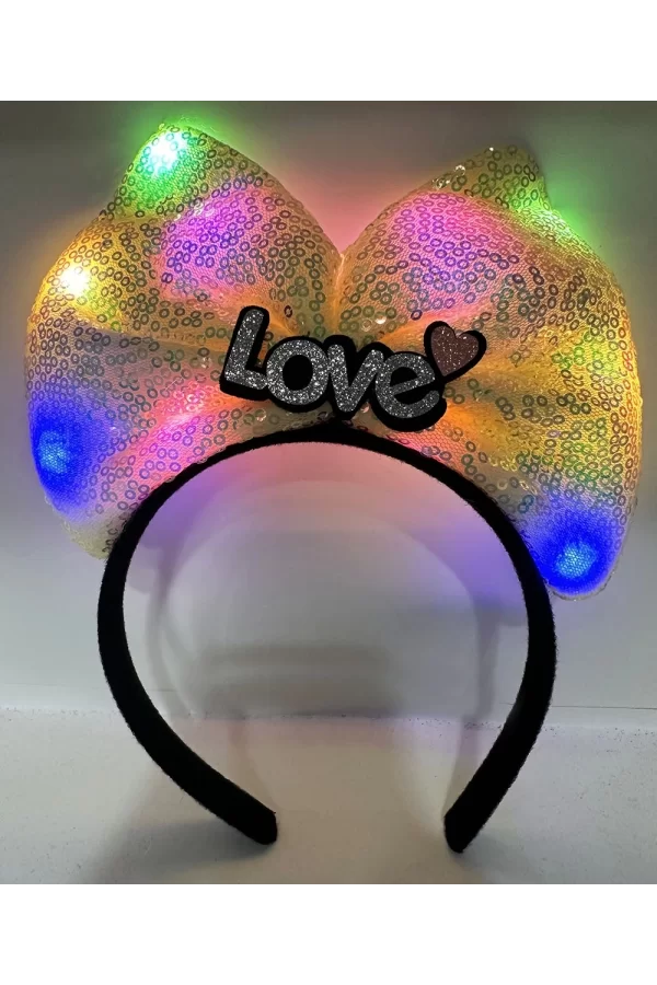 Led Işıklı 3 Farklı Fonksiyonda Yanan Gümüş Love Yazılı Sarı Fiyonk Taç 20x17 Cm