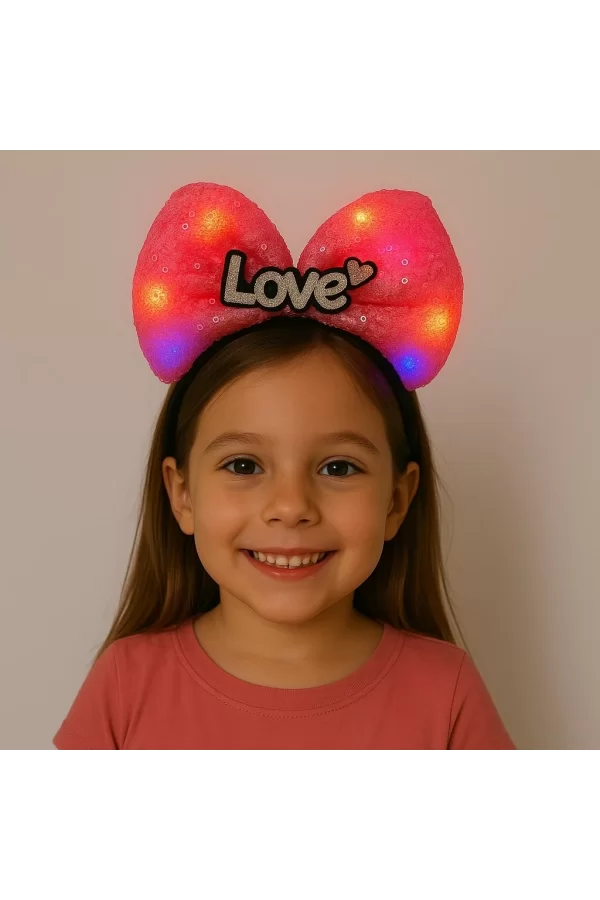 Led Işıklı Love Yazılı Fuşya Fiyonk Taç – Kız Çocuk Parti Tacı