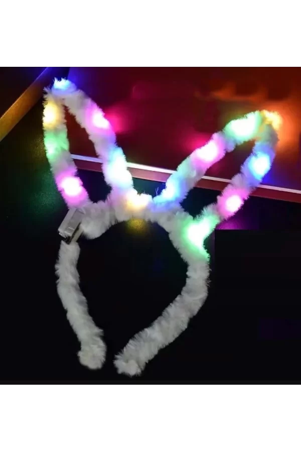 Led Işıklı Peluş Pofuduk Tavşan Kulak Tavşan Taç Beyaz 17x23 Cm