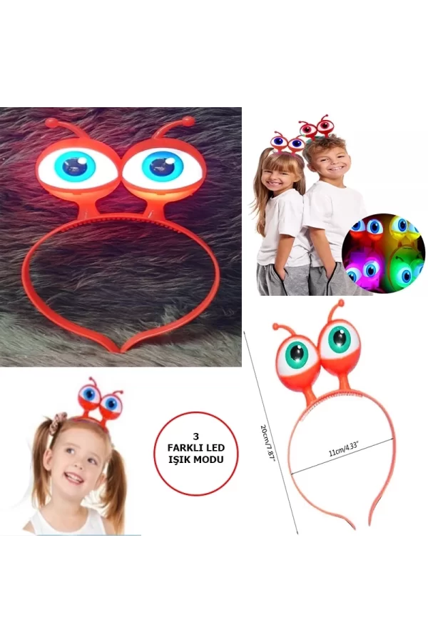 Led Işıklı  Pilli 3 Farklı Modda Yanan Uzaylı Göz Parti Tacı Kırmızı Renk 18x12 Cm