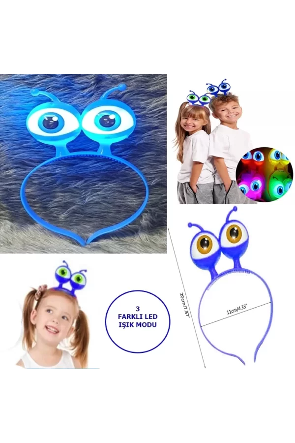 Led Işıklı  Pilli 3 Farklı Modda Yanan Uzaylı Göz Parti Tacı Mavi Renk 18x12 Cm