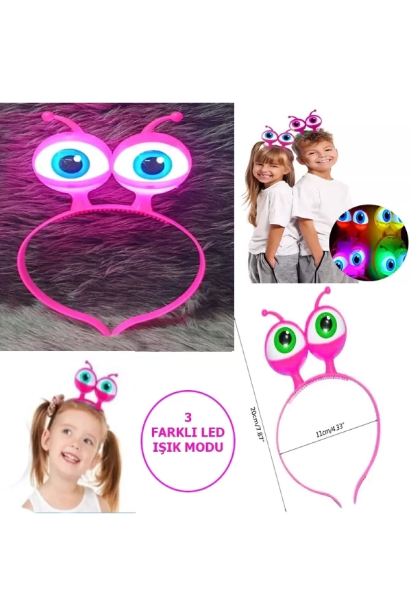 Led Işıklı  Pilli 3 Farklı Modda Yanan Uzaylı Göz Parti Tacı Pembe Renk 18x12 Cm