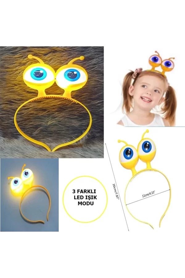 Led Işıklı  Pilli 3 Farklı Modda Yanan Uzaylı Göz Parti Tacı Sarı Renk 18x12 Cm