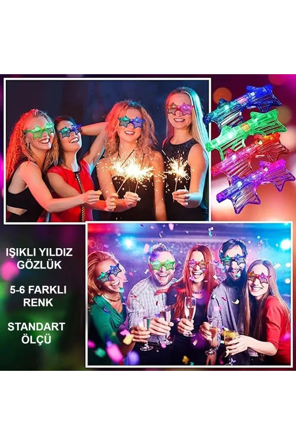 Ledli Yıldız Parti Gözlüğü 6 Renk 12 Adet