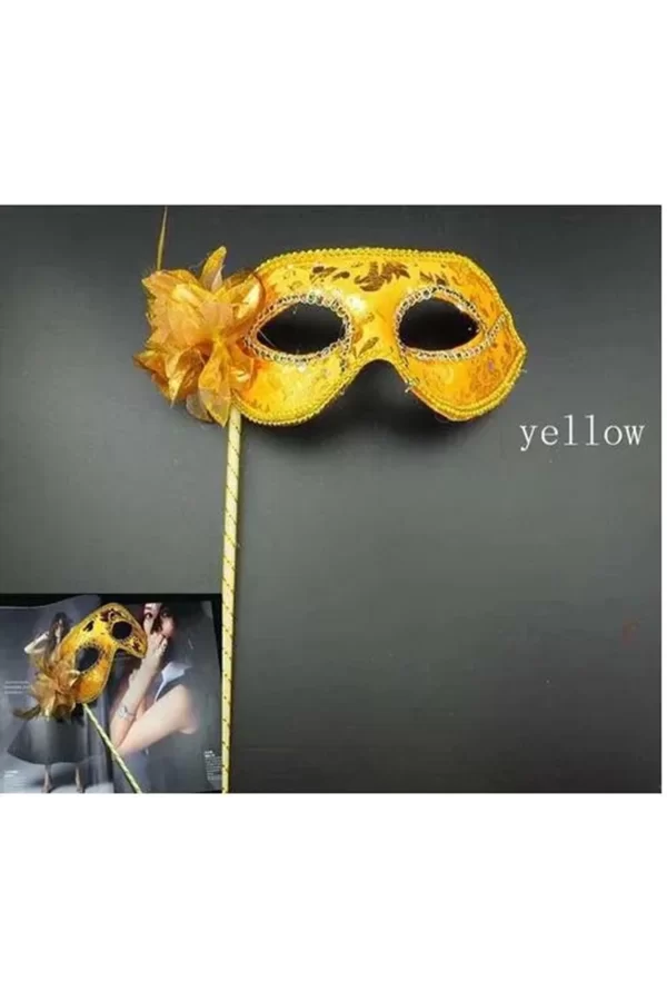Lüks Taşlı Saplı Maskeli Balo Maskesi Altın Renk 35 Cm