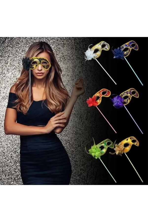 Lüks Taşlı Saplı Maskeli Balo Maskesi Siyah Renk 35 Cm