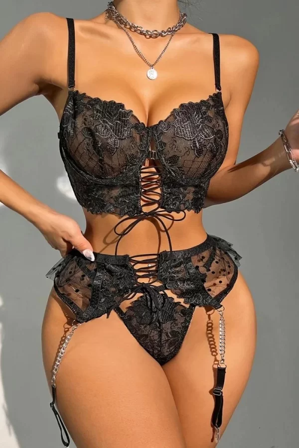 Luz&Pos Arias Closet Büstiyerli Dantel Fantezi Siyah Jartiyer Takımı