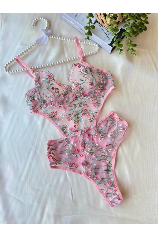 Luz&Pos Arias Closet Çiçek Dal Desenli Pembe Bodysuit