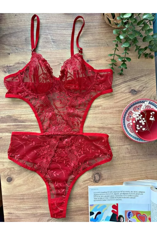 Luz&Pos Arias Closet Çiçek Desenli Kırmızı Bodysuit