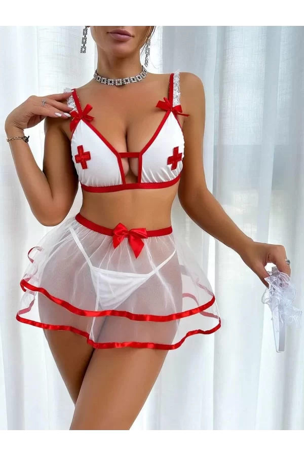 Luz&Pos Arias Closet Fantezi Beyaz Tül Etekli Seksi Hemşire Kostümü