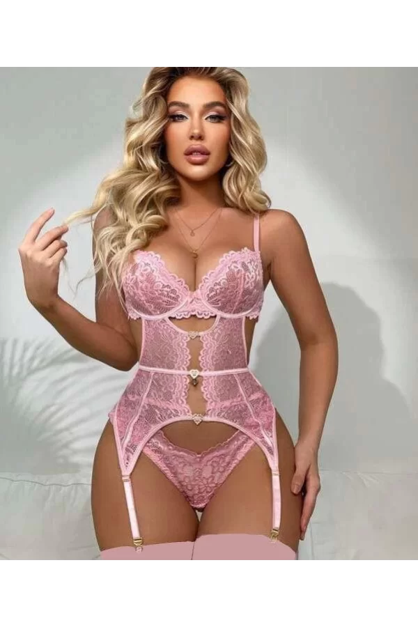 Luz&Pos Arias Closet Kalp Aksesuarlı Dantelli Fantezi Pembe Jartiyer Takım