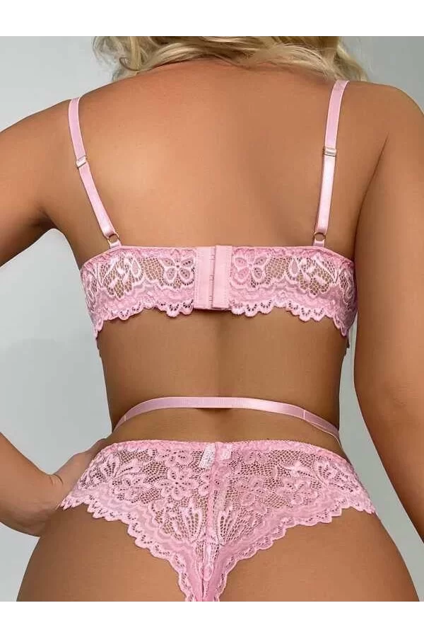 Luz&Pos Arias Closet Kalp Aksesuarlı Dantelli Fantezi Pembe Jartiyer Takım