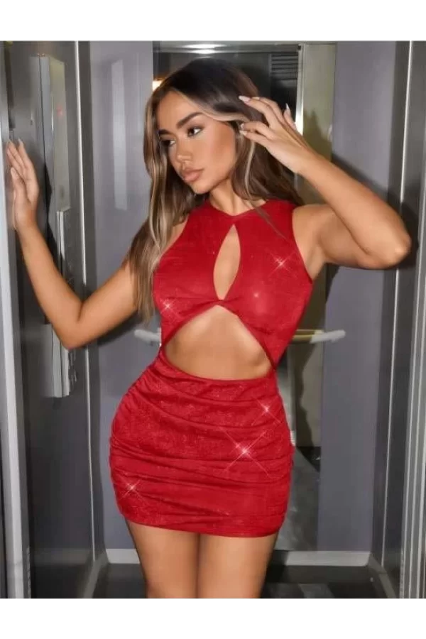 Luz&Pos Arias Closet Kırmızı Göğüs Dekolteli Simli Fantezi Mini Club Elbisesi