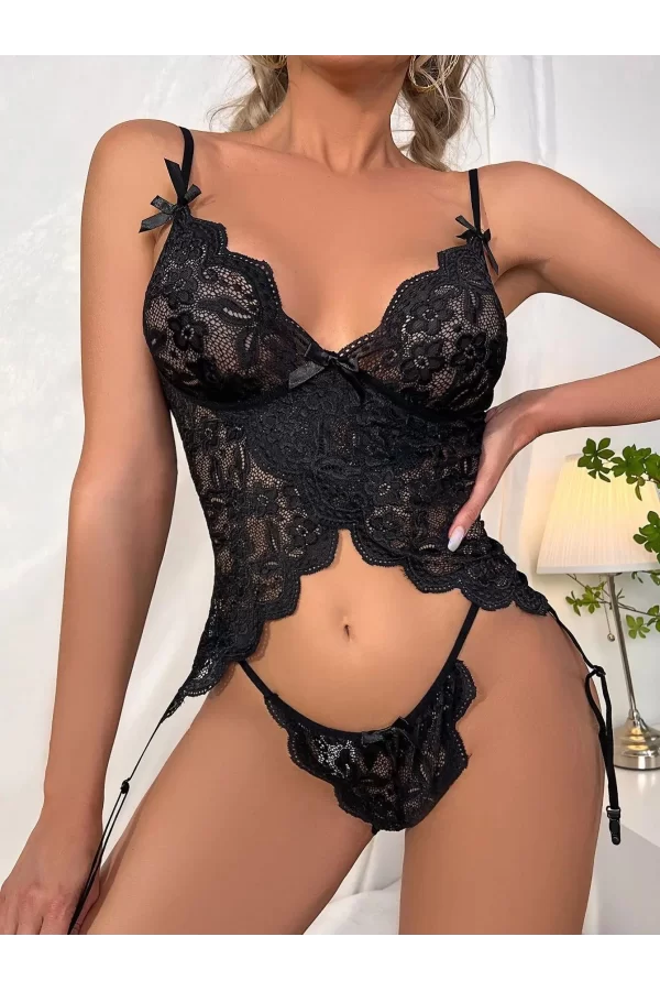 Luz&Pos Arias Closet Özel Tasarım Arkadan Bağcıklı Fantezi Siyah Jartiyer Takım