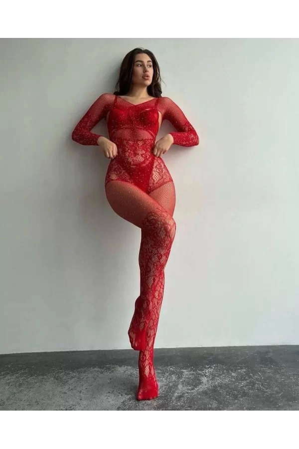 Luz&Pos Arias Closet Özel Tasarım Kırmızı Taşlı Fantezi Vücut Çorabı