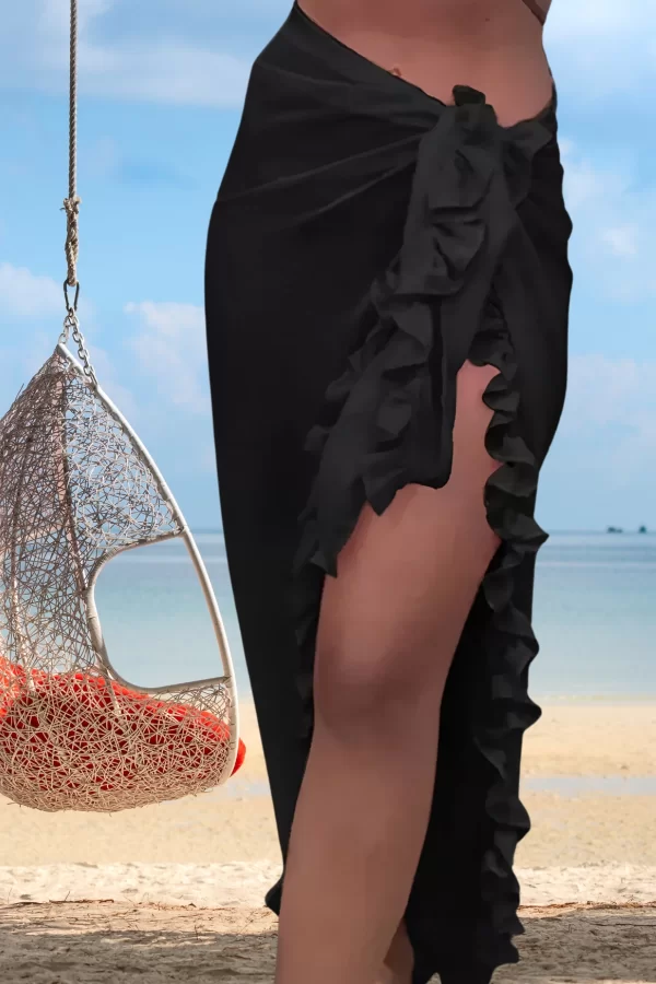 Luz&Pos Arias Closet Özel Tasarım Mayo Üstü Süprem Tül Yanları Fırfırlı Siyah Pareo