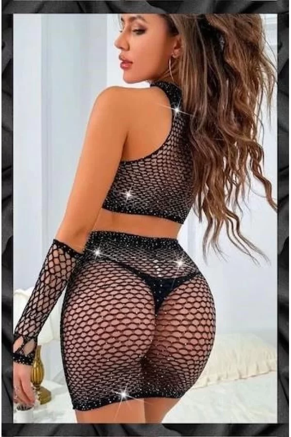 Luz&Pos Arias Closet Özel Tasarım Siyah Taşlı Fantezi Alt Üst Vücut Çorabı
