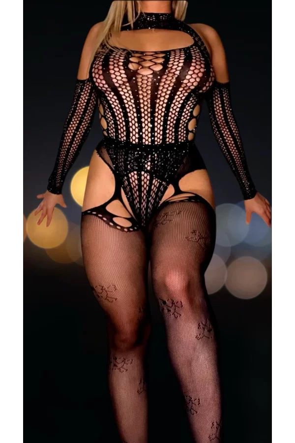 Luz&Pos Arias Closet Özel Tasarım Siyah Taşlı Fantezi Jartiyerli Vücut Çorabı