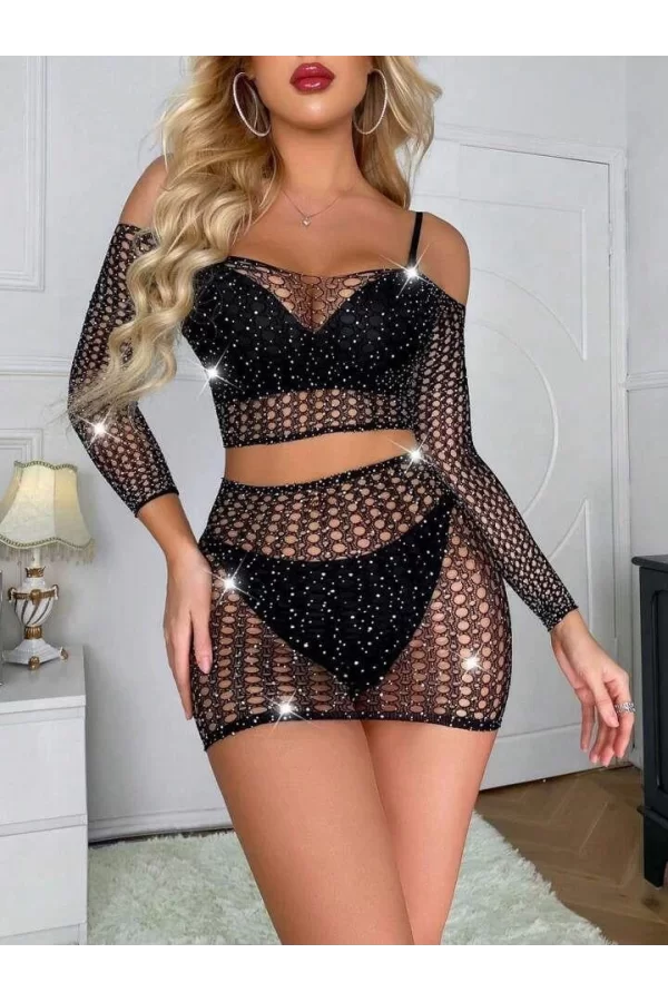 Luz&Pos Arias Closet Özel Tasarım Siyah Taşlı Fantezi Vücut Çorabı