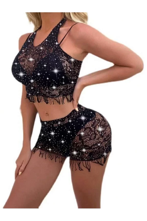 Luz&Pos Arias Closet Özel Tasarım Siyah Taşlı Fantezi Vücut Çorabı