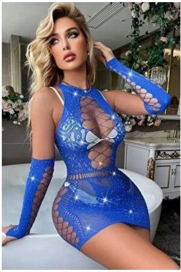 Luz&Pos Arias Closet Özel Tasarım Taşlı Mavi Fantezi Vücut Çorabı