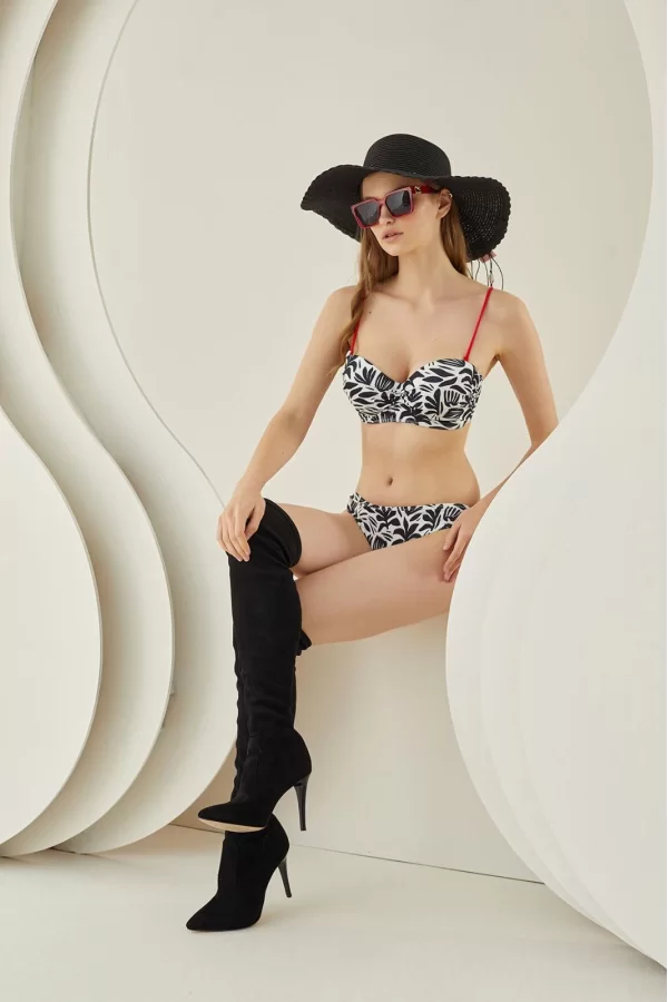 Luz&Pos Arias Closet Siyah Beyaz Desenli Kırmızı İp Askılı Lotus Bikini Takımı