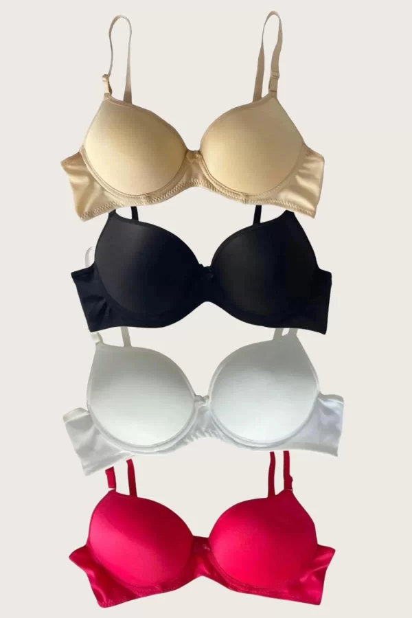 Luz&Pos Arias Closet Siyah-beyaz-kırmızı-ten 4lü Dolgulu Push Up Micro Balenli Günlük Tek Destekli Sütyen