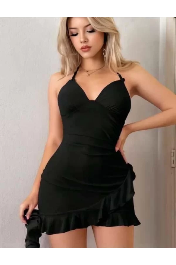 Luz&Pos Arias Closet Siyah Boyundan Bağlamalı Fırfırlı Fantezi Mini Club Elbisesi