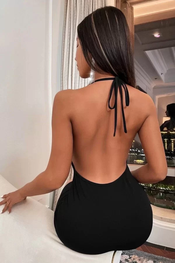 Luz&Pos Arias Closet Siyah Boyundan Bağlamalı Sırt Dekolteli Mini Club Elbisesi