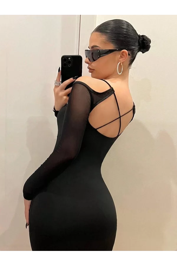 Luz&Pos Arias Closet Siyah Göğüs Dekolteli İp Detaylı Mini Club Elbisesi