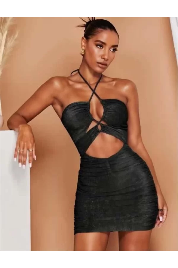 Luz&Pos Arias Closet Siyah Simli Boyundan Bağlamalı Göğüs Dekolteli Mini Club Elbisesi