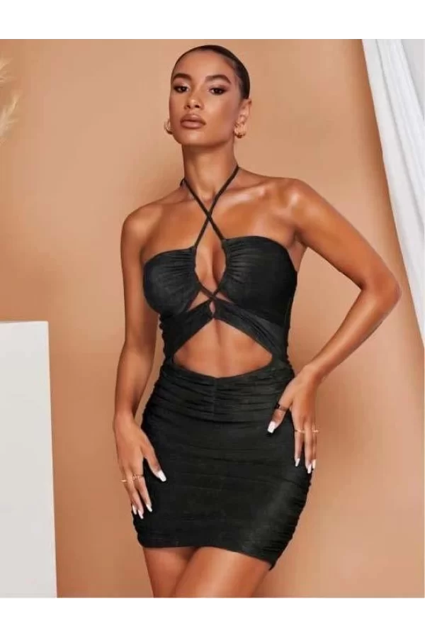 Luz&Pos Arias Closet Siyah Simli Boyundan Bağlamalı Göğüs Dekolteli Mini Club Elbisesi