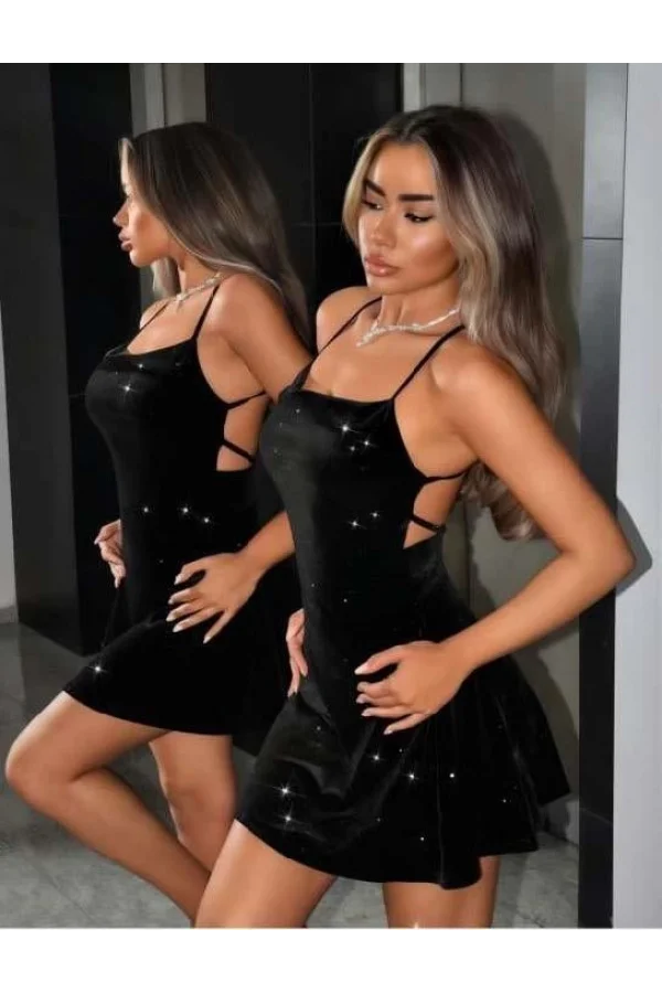 Luz&Pos Arias Closet Siyah Sırt Dekolteli Simli Fantezi Mini Club Elbisesi