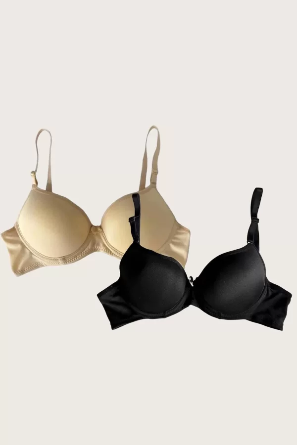 Luz&Pos Arias Closet Siyah-ten 2li Mikro Kumaş Push Up Dolgulu Balenli Günlük Destekli Sütyen