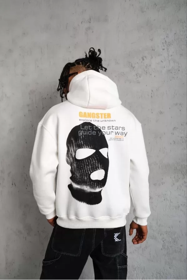 Luz&Pos Erkek Kordonlu Maske Baskılı Kapüşonlu Sweat - Beyaz