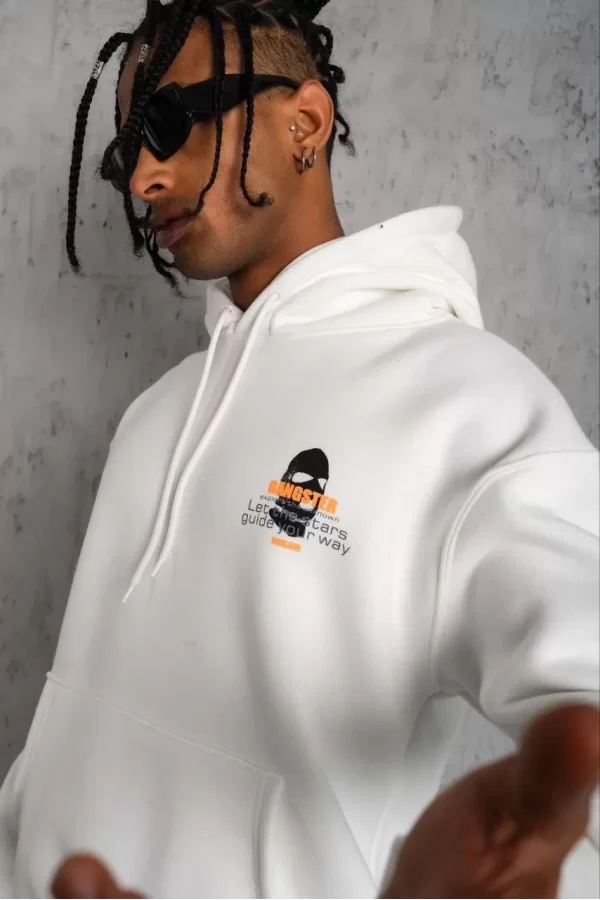 Luz&Pos Erkek Kordonlu Maske Baskılı Kapüşonlu Sweat - Beyaz
