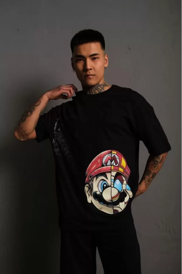 Luz&Pos Erkek Mario Baskılı Oversize T-shirt - Siyah