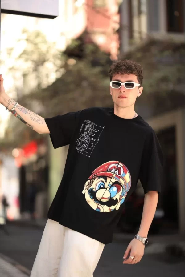 Luz&Pos Erkek Mario Baskılı Oversize T-shirt - Siyah