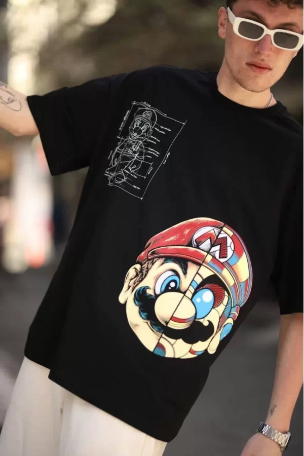 Luz&Pos Erkek Mario Baskılı Oversize T-shirt - Siyah