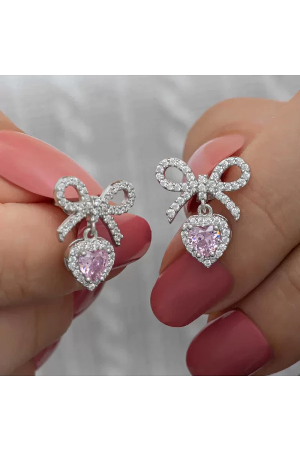 Luz&Pos Gümüş Fiyonk Pembe Taşlı Kalpli Çivili Kadın Küpe