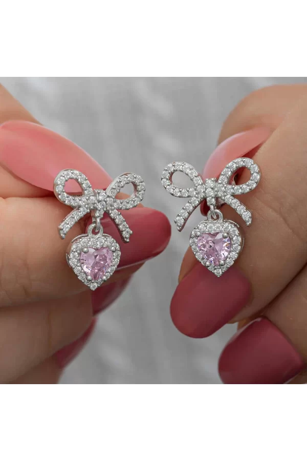 Luz&Pos Gümüş Fiyonk Pembe Taşlı Kalpli Çivili Kadın Küpe