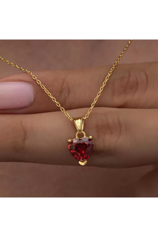 Luz&Pos Gümüş Gold Kırmızı Taşlı Kalpli Kadın Kolye