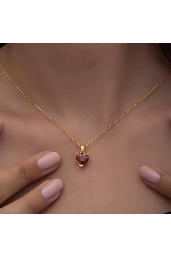 Luz&Pos Gümüş Gold Kırmızı Taşlı Kalpli Kadın Kolye