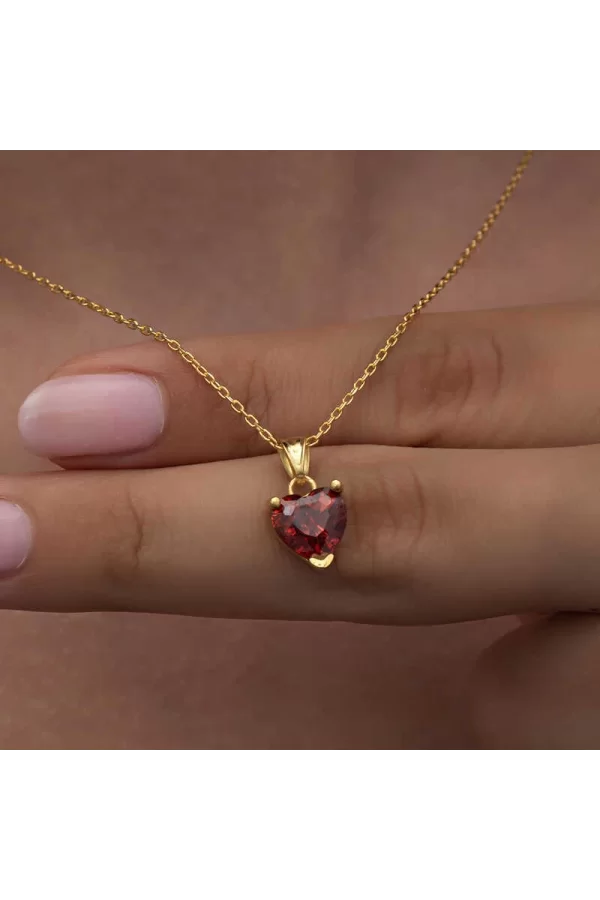 Luz&Pos Gümüş Gold Kırmızı Taşlı Kalpli Kadın Kolye