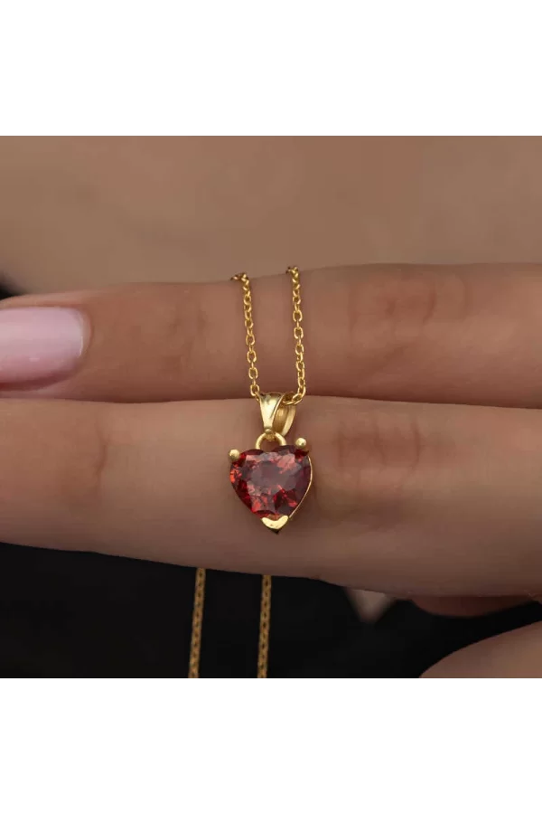 Luz&Pos Gümüş Gold Kırmızı Taşlı Kalpli Kadın Kolye