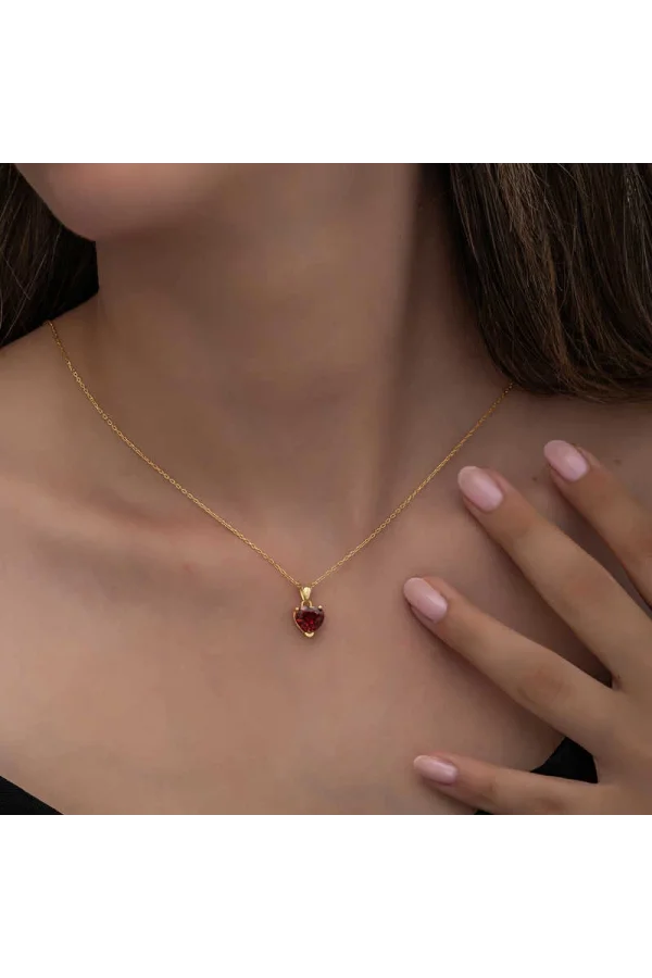 Luz&Pos Gümüş Gold Kırmızı Taşlı Kalpli Kadın Kolye