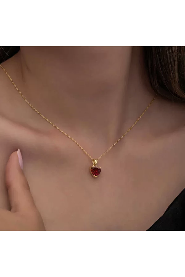 Luz&Pos Gümüş Gold Kırmızı Taşlı Kalpli Kadın Kolye